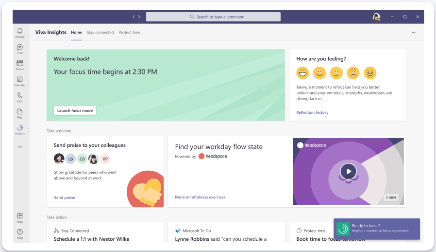 Microsoft Teams va intégrer des fonctionnalités pour réduire l'anxiété liée aux réunions 50 Introducing a new focus mode in the Viva Insights app in Teams featuring Headspace music and timers