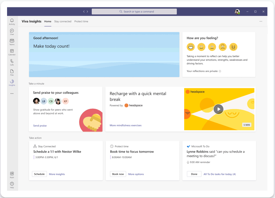 Microsoft Teams va intégrer des fonctionnalités pour réduire l'anxiété liée aux réunions 49 Recharge with a quick mental break and tap into Headspace guided meditations in the Viva Insights app in Teams