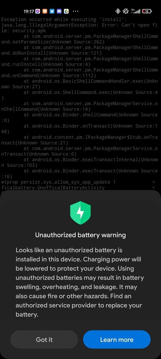 Xiaomi unauthorized battery dial