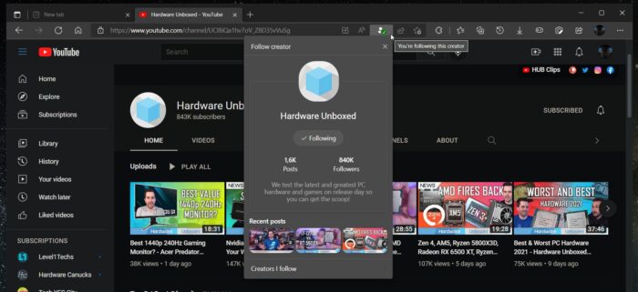 Microsoft teste une fonctionnalité permettant de suivre les créateurs de YouTube dans Edge