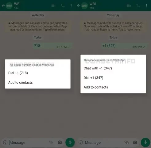 Whatsapp android phone num popup