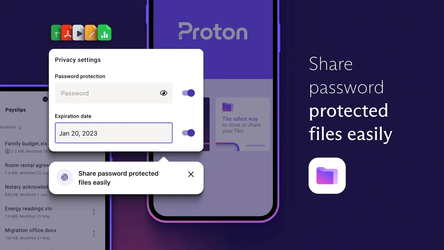 Le stockage chiffré sur le cloud Proton obtient des applications mobiles dédiées 50 Share password protected files e jpg
