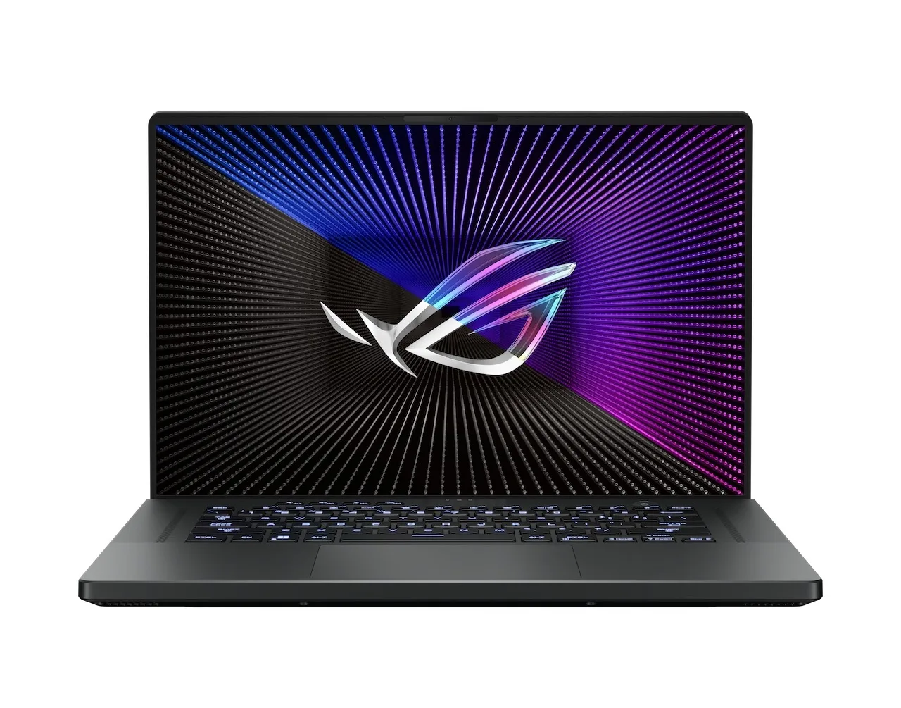 ROG Zephyrus G16 Shot of the Zephyrus G16 with the with the lid open with the ROG Fearless Eye logo on screen jpg