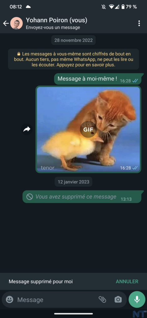 Vous pouvez désormais vous envoyer un message et annuler une suppression accidentelle sur WhatsApp 53 Screenshot 20230122 081246 resultat