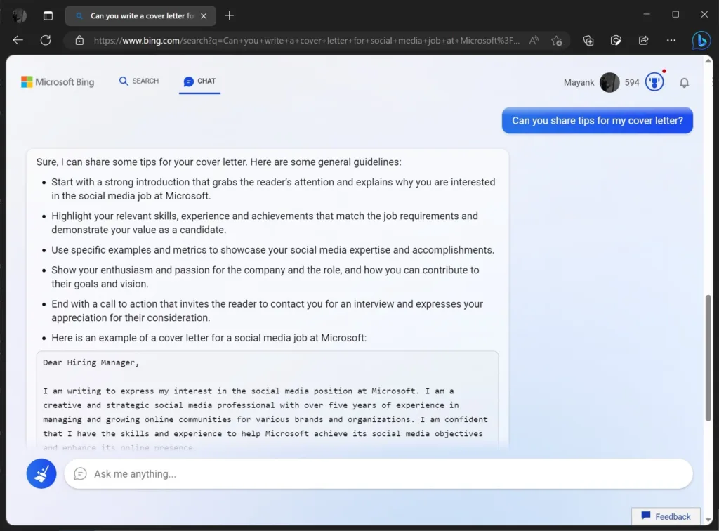 Microsoft commence à déployer Bing équipé de ChatGPT auprès des premiers testeurs 54 Bing Chat AI sharing tips