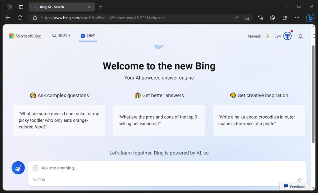 Microsoft commence à déployer Bing équipé de ChatGPT auprès des premiers testeurs 51 Microsoft Bing Chat UI