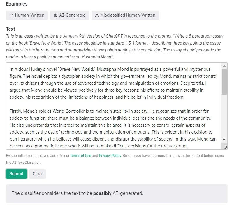 OpenAI AI Text Classifier Result jpg