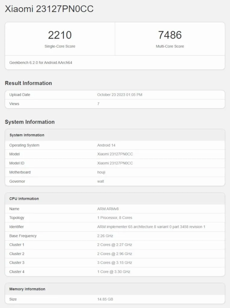 Les Xiaomi 14 et Xiaomi 14 Pro avec le Snapdragon 8 Gen 3 font surface dans les benchmarks 52 Xiaomi 14 Geekebnch leak 765x102 1 jpg