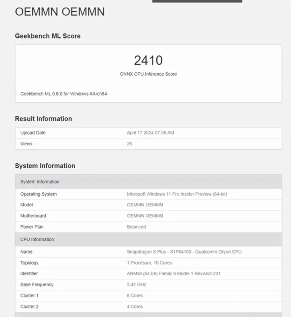 Snapdragon X Plus : Repéré sur Geekbench avec 10 cœurs de processeur 52 Screen 2024 04 23 07.12.14