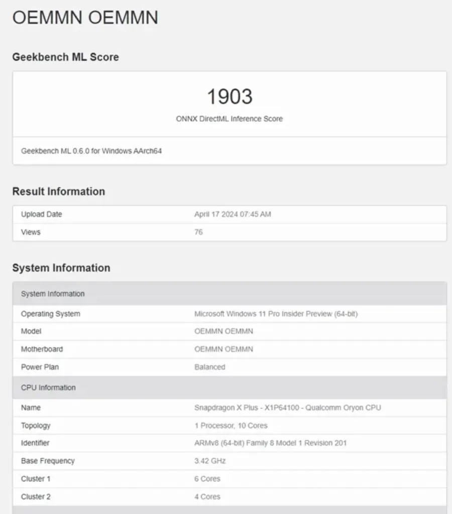 Snapdragon X Plus : Repéré sur Geekbench avec 10 cœurs de processeur 51 Screen 2024 04 23 07.12.24