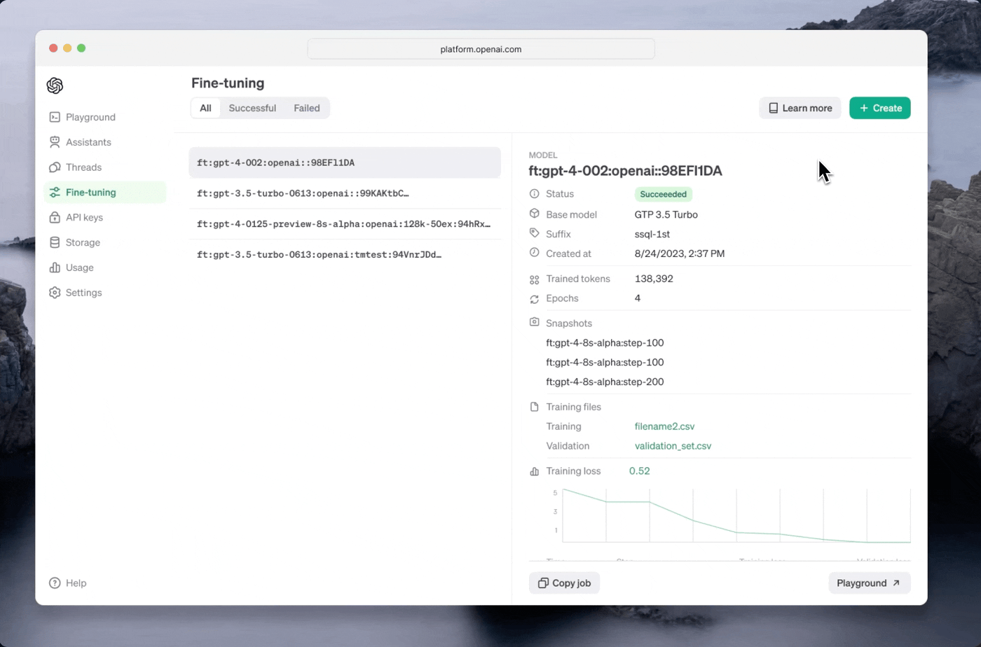 fine tuning in api