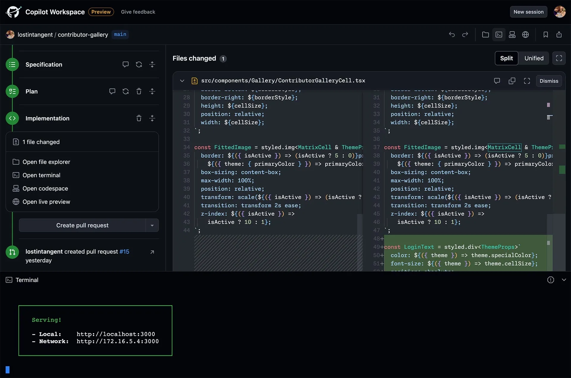 GitHub Copilot Workspace inclut un terminal intégré pour rationaliser le développement et réduire les changements de contexte.