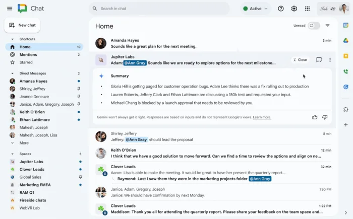 Google Chat introduit les résumés Gemini : Rattrapez rapidement vos conversations non lues
