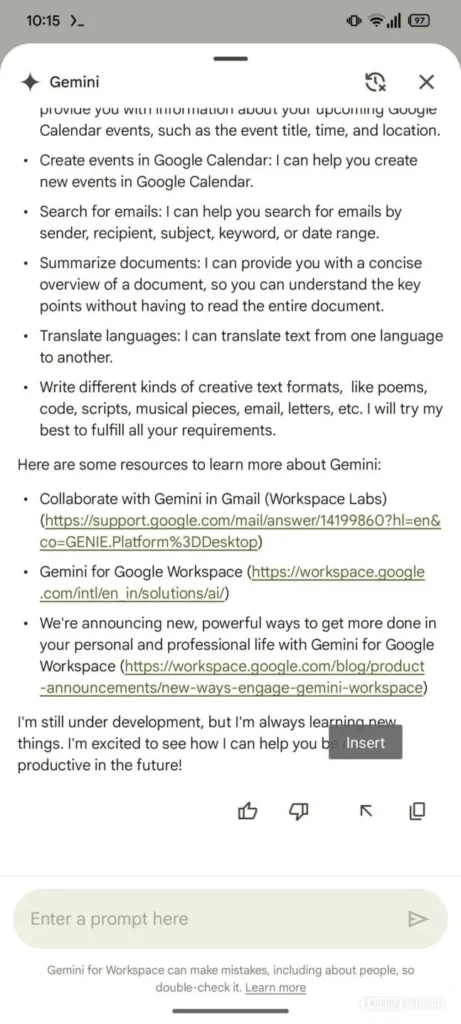 Gmail : Gemini s’améliore avec un bouton « Insérer » pour les réponses générées 80 Gemini panel in Gmail with inser