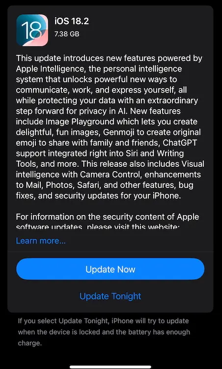iOS 18.2 update RC