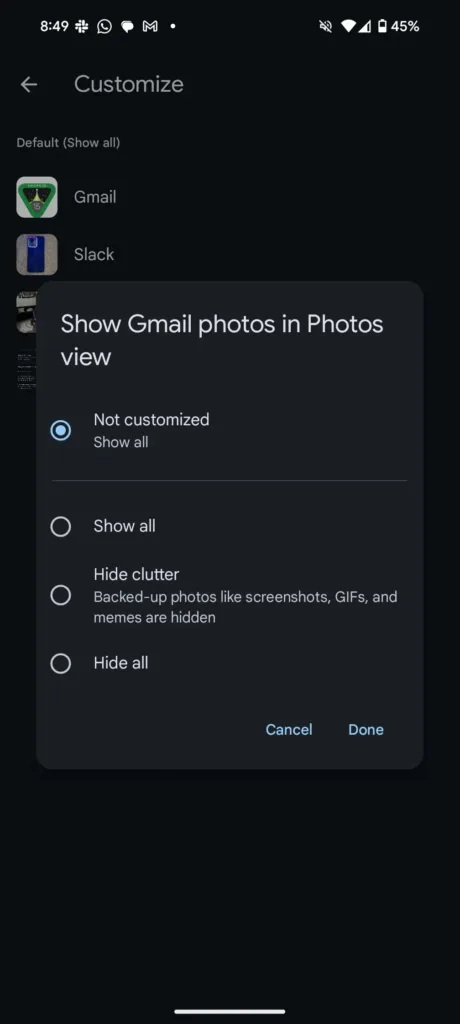 Google Photos : dites adieu aux captures d'écran et images WhatsApp dans votre galerie ! 48 Google Photos Customize hide clu