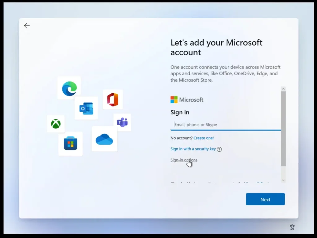 Windows 11 OOBE sign with an off