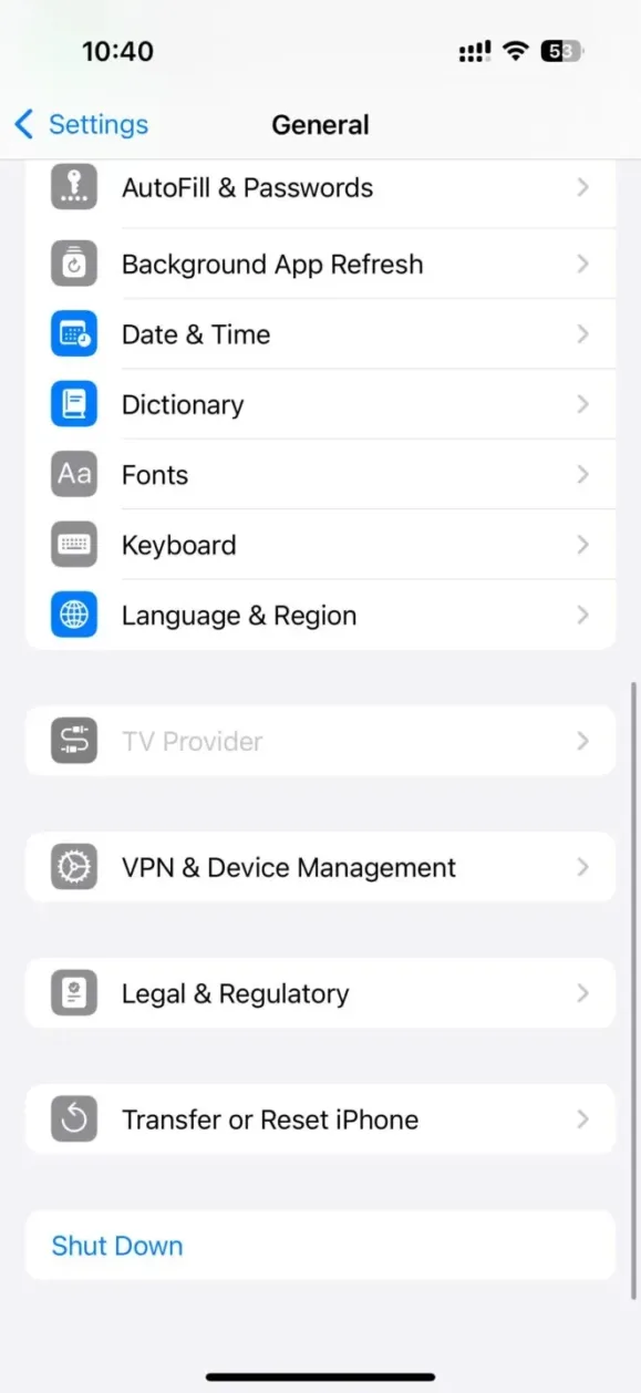 General settings page in iOS 18