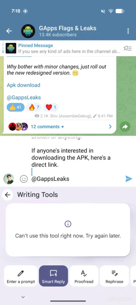 Gboard Smart Reply option Writin