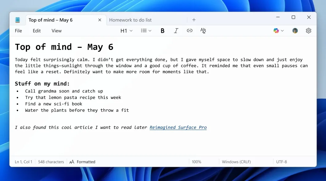Windows 11 transforme Bloc-notes avec markdown, IA et formatage riche