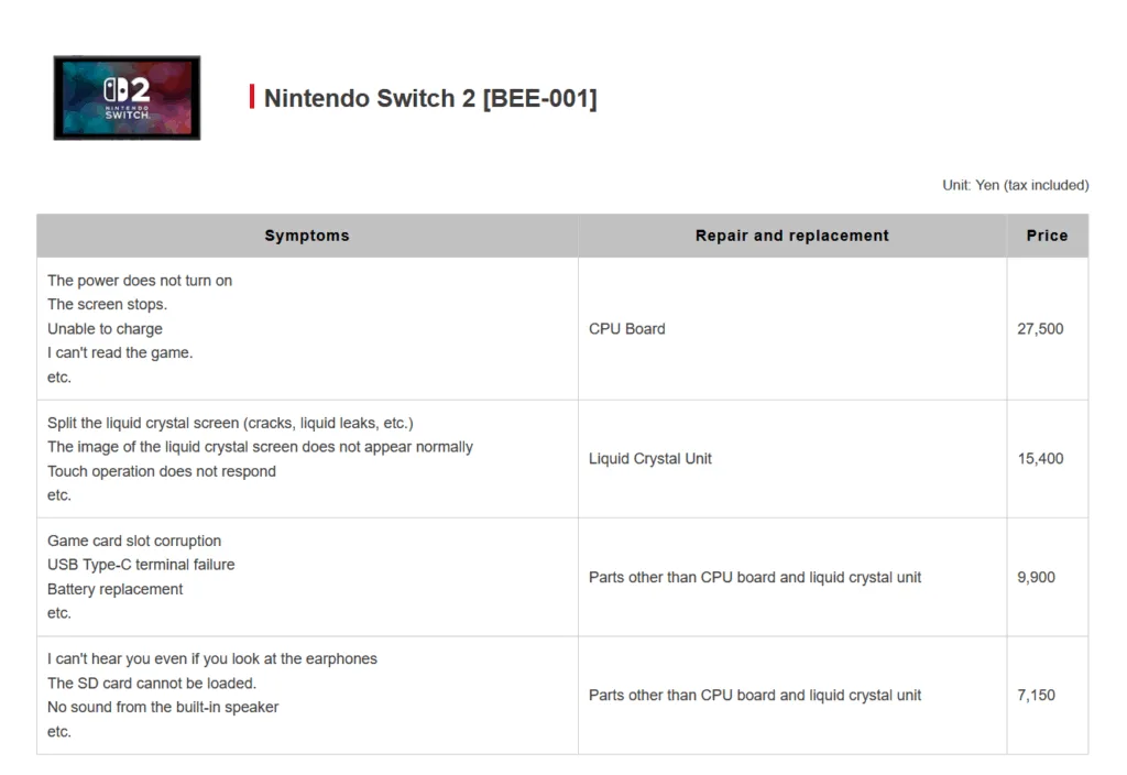 Switch 2 repair costs 1