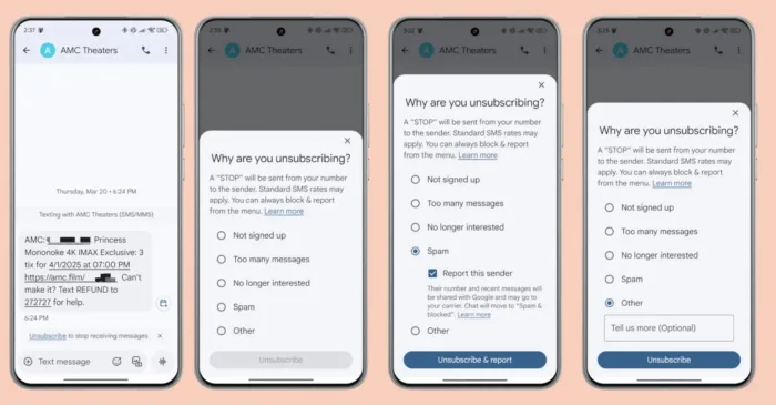 Google Messages retire le bouton de désabonnement automatique aux spams