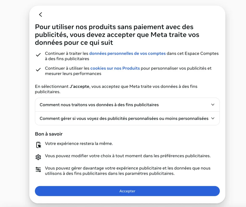 Meta impose un choix aux utilisateurs en Europe : payer ou être suivi 39 Screen 2025 07 23 at 17.11.57