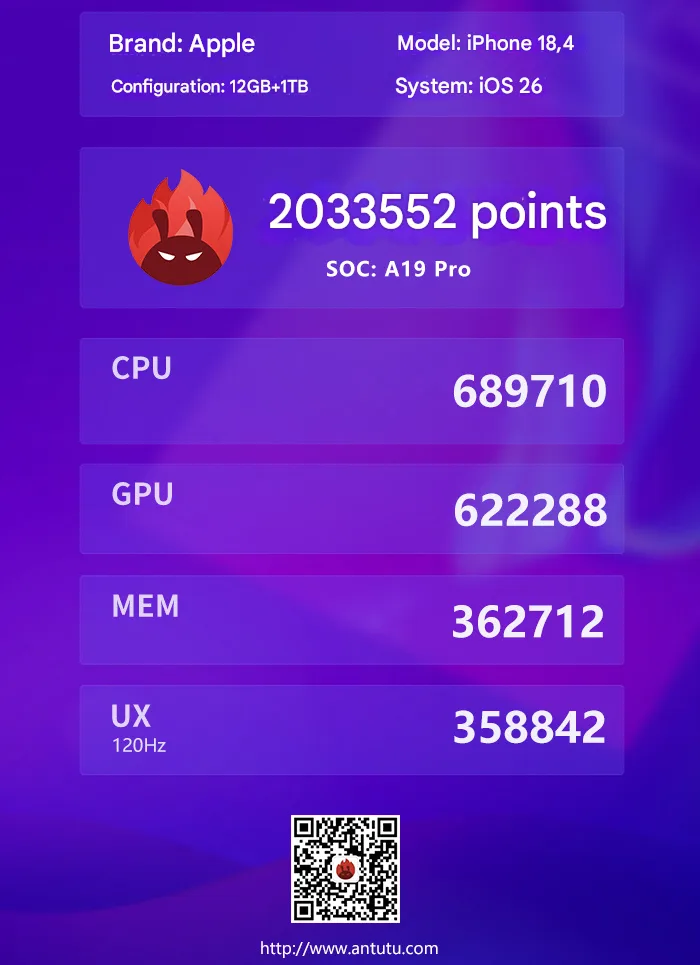 Apple A19 Pro first AnTuTu benchmark score