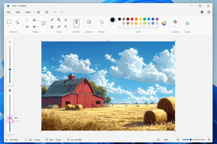 Windows 11 : Microsoft Paint se dote de fichiers projet et de pinceaux à opacité réglable 50 Paint brush opacity