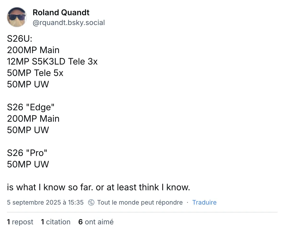 Samsung Galaxy S26 Ultra : fuite des specs photo avec capteur HP2+ 50 Screen 2025 09 06 at 21.38.02