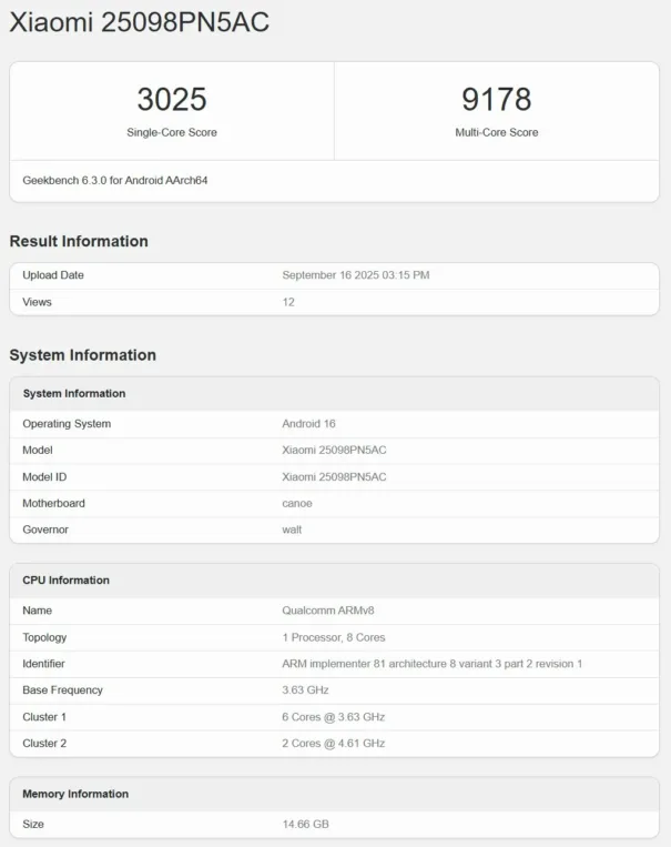 Xiaomi 17 Pro Geekbench