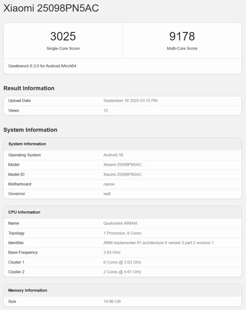 Xiaomi 17 Pro : le Snapdragon 8 Elite Gen 5 à la loupe dans Geekbench 65 Xiaomi 17 Pro Geekbench