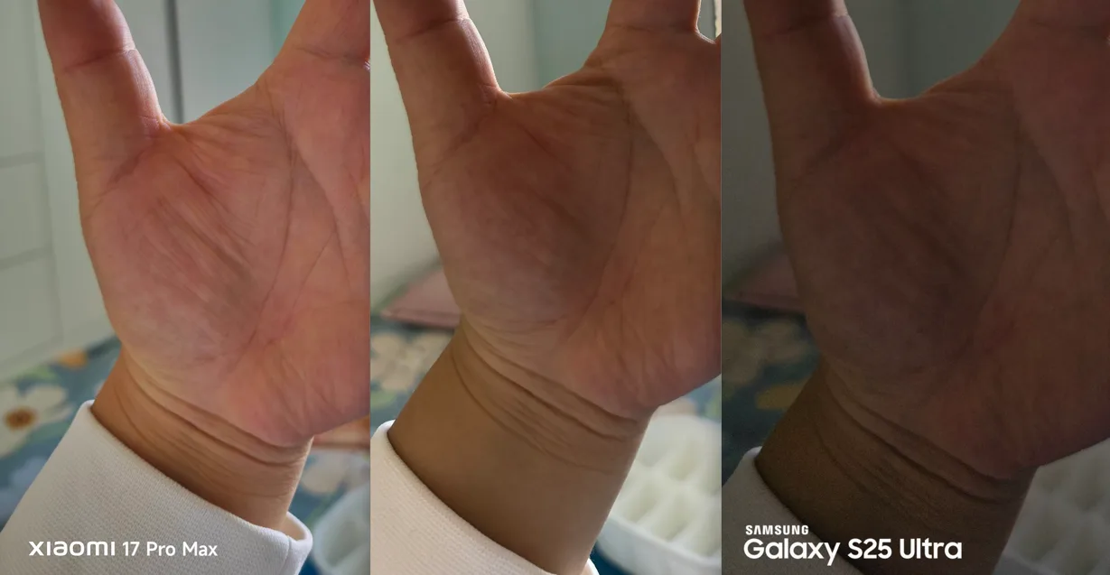 Xiaomi 17 Pro Max vs iPhone 17 Pro Max vs S25 Ultra against bright window