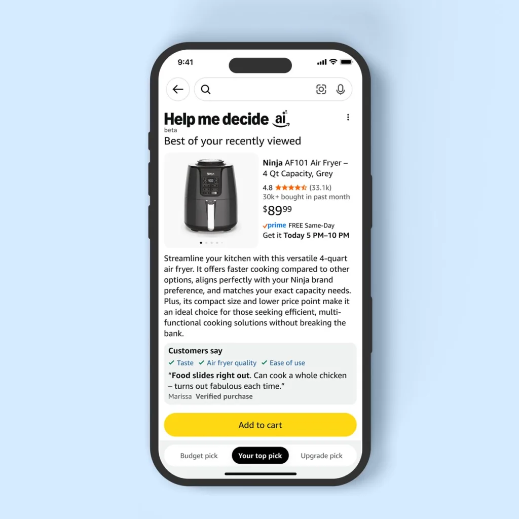 Amazon lance « Aide-moi à choisir » : l’IA qui choisit le bon produit à votre place 67 inlinehero landingpage airfryer