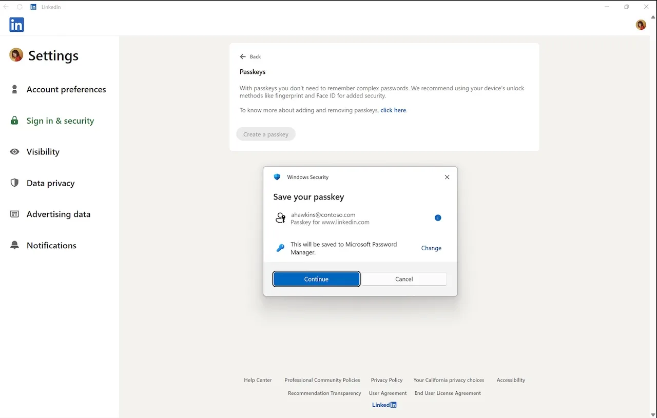 Windows 11 supporte les Passkeys tiers : 1Password et Bitwarden sont intégrés 51 LinkedIn App MPM Screenshot