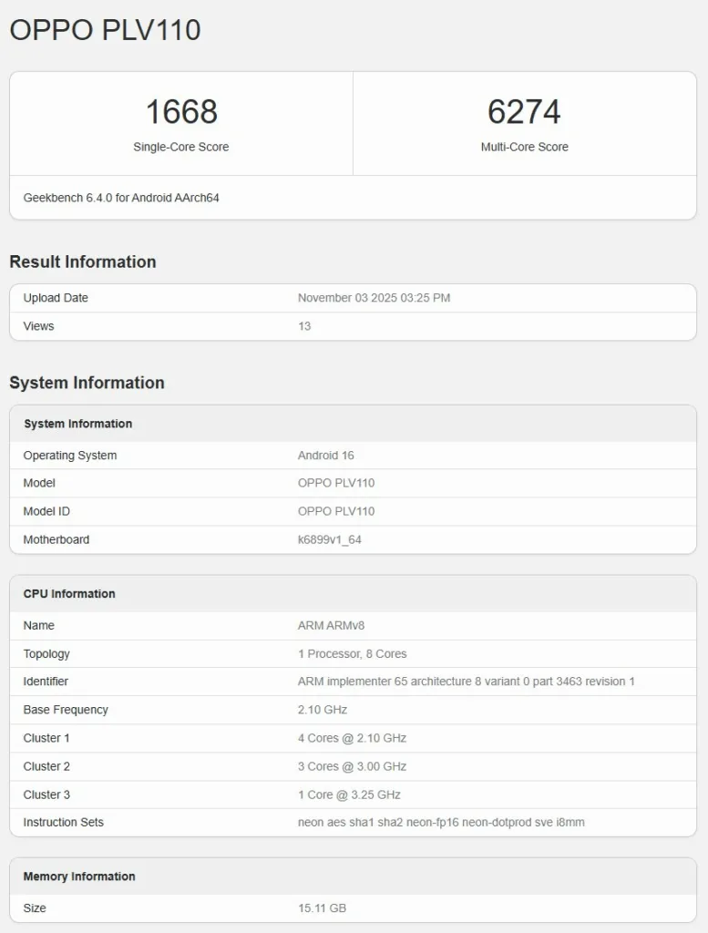 OPPO Reno 15 : le Dimensity 8450 et 16 Go de RAM repérés sur Geekbench 45 Oppo Reno 15 series phone Geekbench