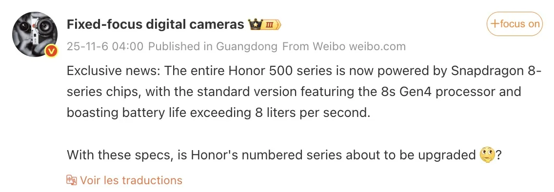 Honor 500: the standard model confirmed with a Snapdragon 8s Gen 4 and a massive battery Screen 2025 11 06 at 12.26.04