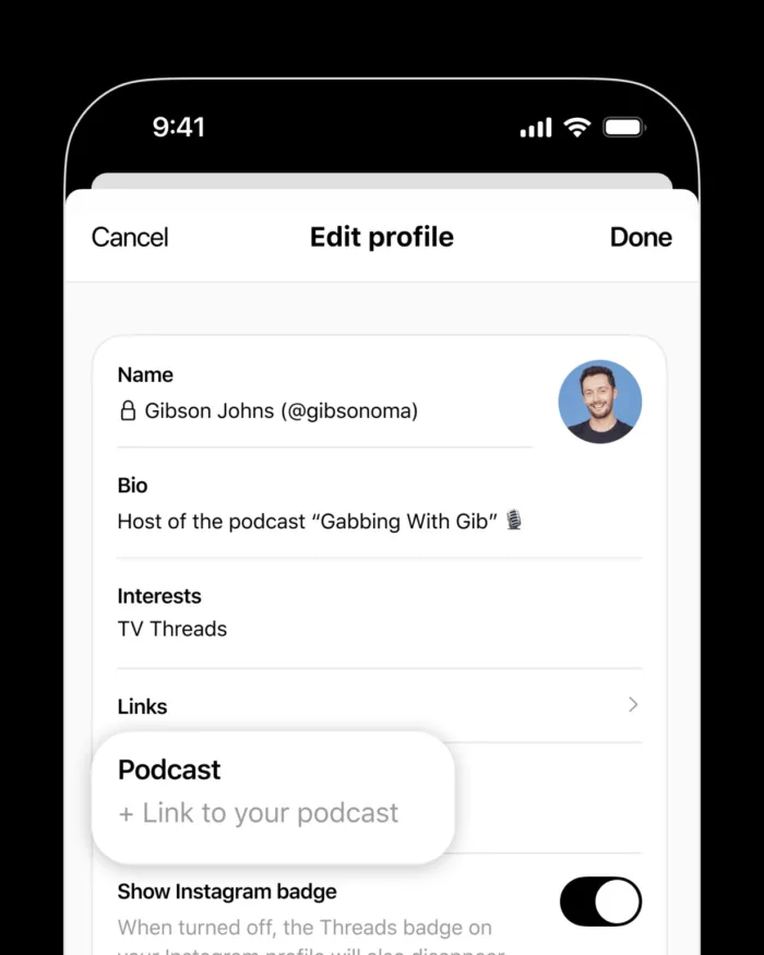 Threads Add podcast to profile