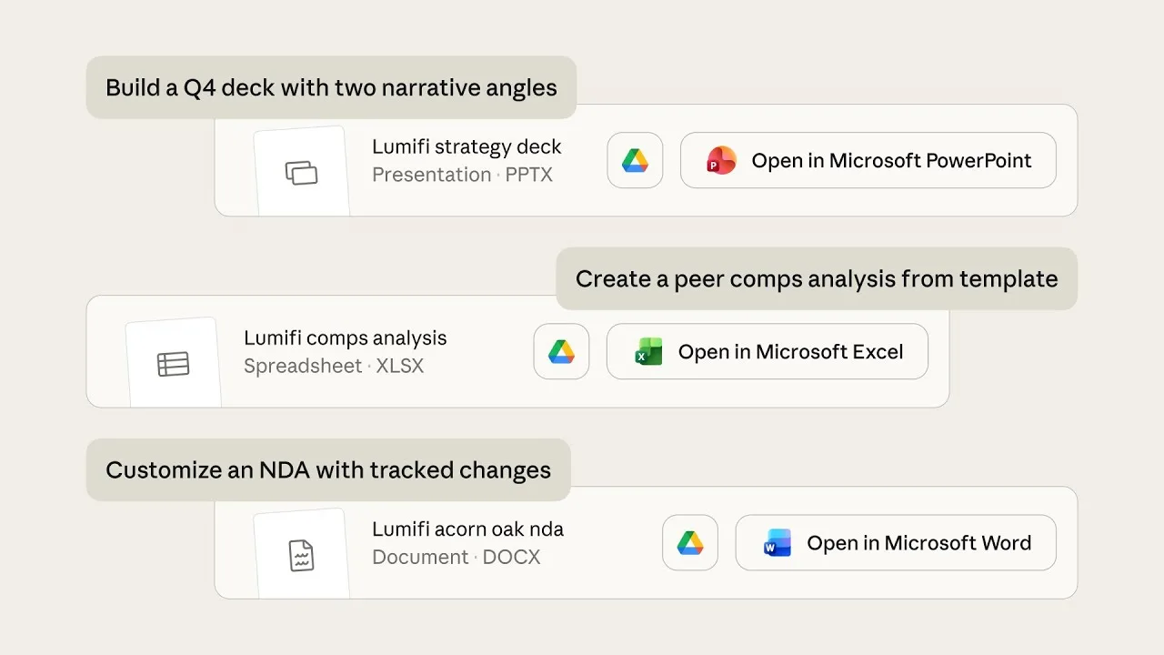 Claude works with you on slides, spreadsheets, and contract redlines
