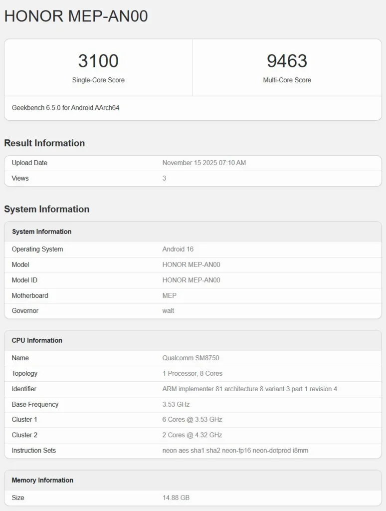 Honor 500 Pro confirmé : le Snapdragon 8 Elite Gen 5 et 16 Go de RAM 65 honor 500 Pro Geekbench 1