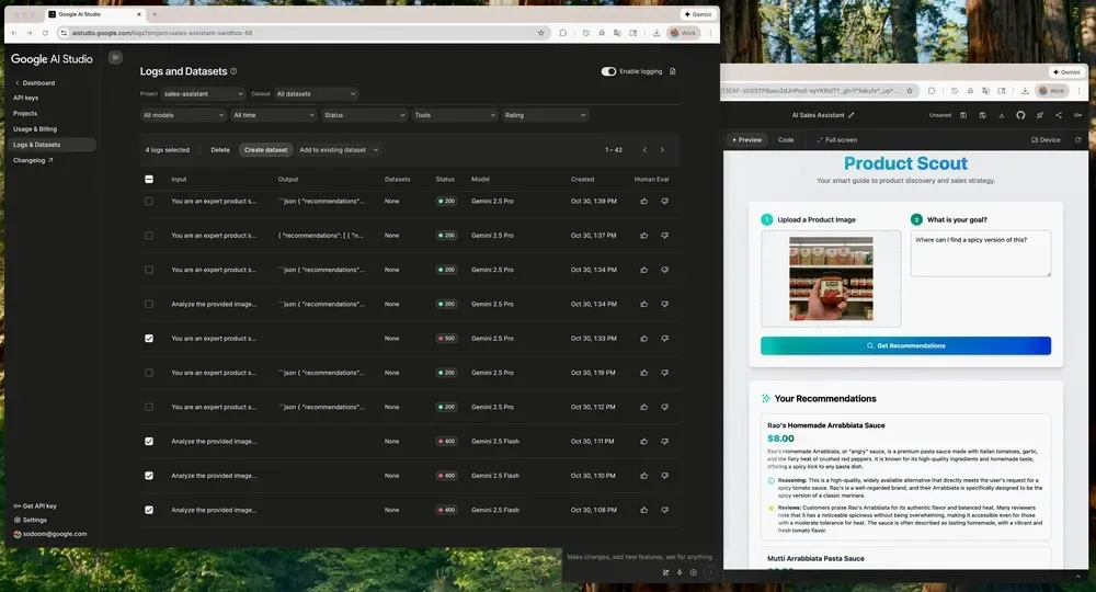 Google AI Studio launches new logging and dataset management tools Sales assist applet logs