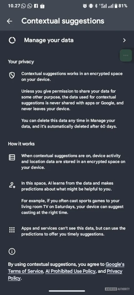 Google teste les Suggestions contextuelles : l’IA intelligente arrive sur plus de smartphones Android 62 android contextual suggestions manage data.jpg