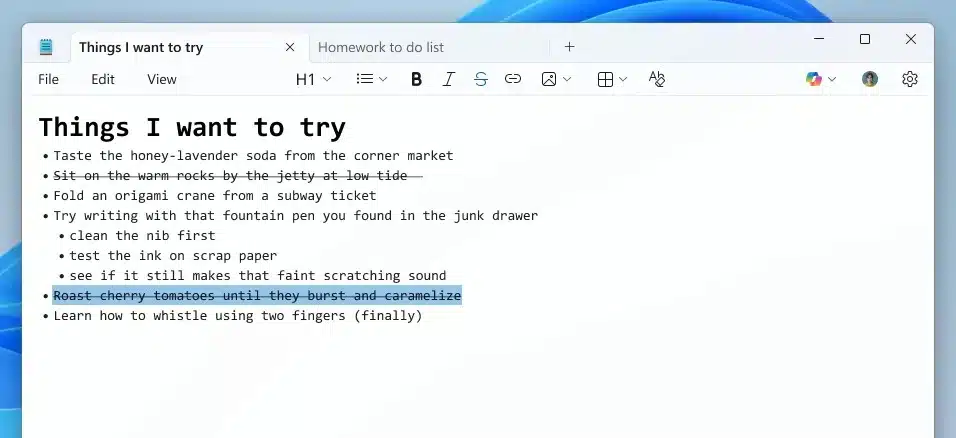 Windows 11 : Paint et Bloc-notes reçoivent une dose massive d'IA Copilot 59 1 Notepad Strikethrough Nested l