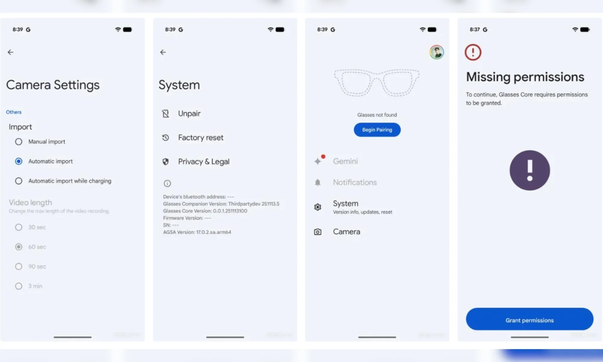Google Glasses companion app settings section