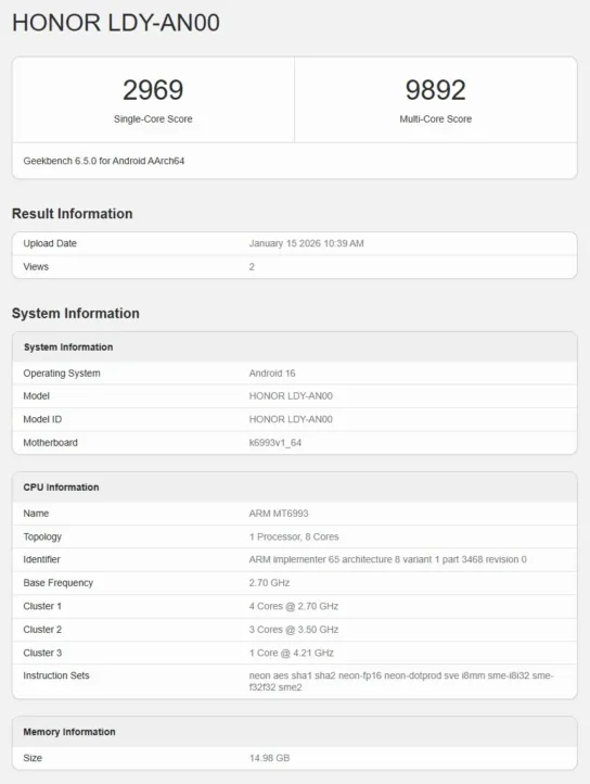 Honor Magic 8 Pro Geekbench