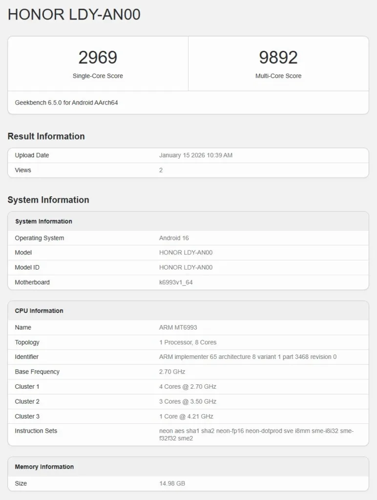 Honor Magic 8 Pro Geekbench