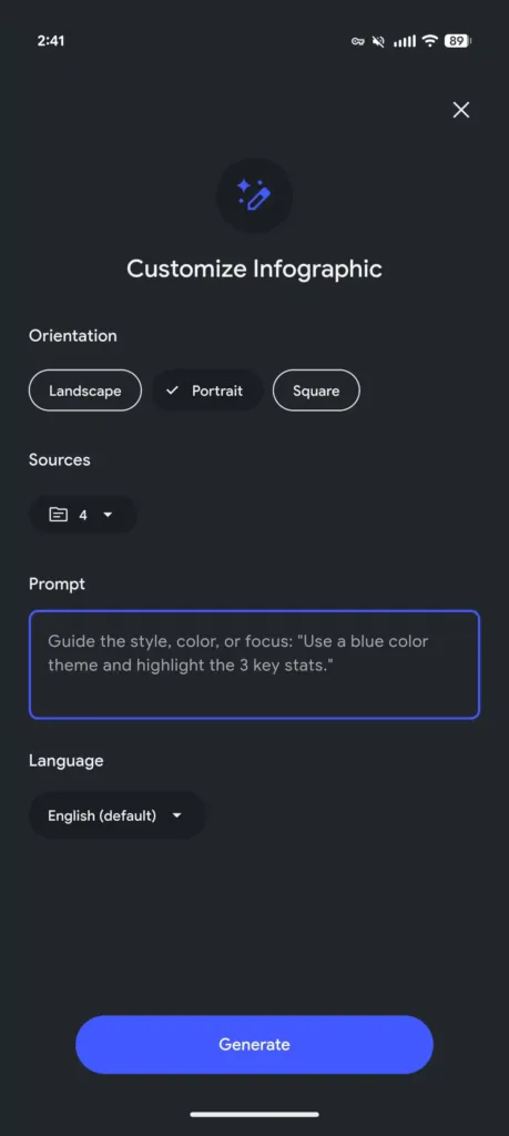 NotebookLM app Infographics custom