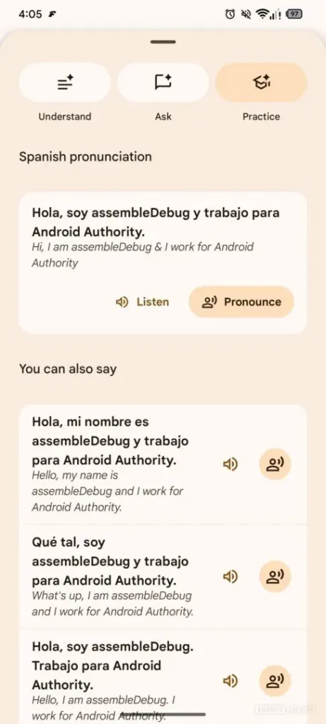 Google Traduction : Le nouveau mode « Entrainement » veut corriger votre accent grâce à l'IA 52 tranlate pronounce practice 2 486w 1080h.jpg