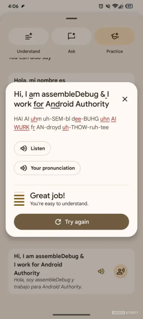 Google Traduction : Le nouveau mode « Entrainement » veut corriger votre accent grâce à l'IA 54 tranlate pronounce practice 5 486w 1080h.jpg