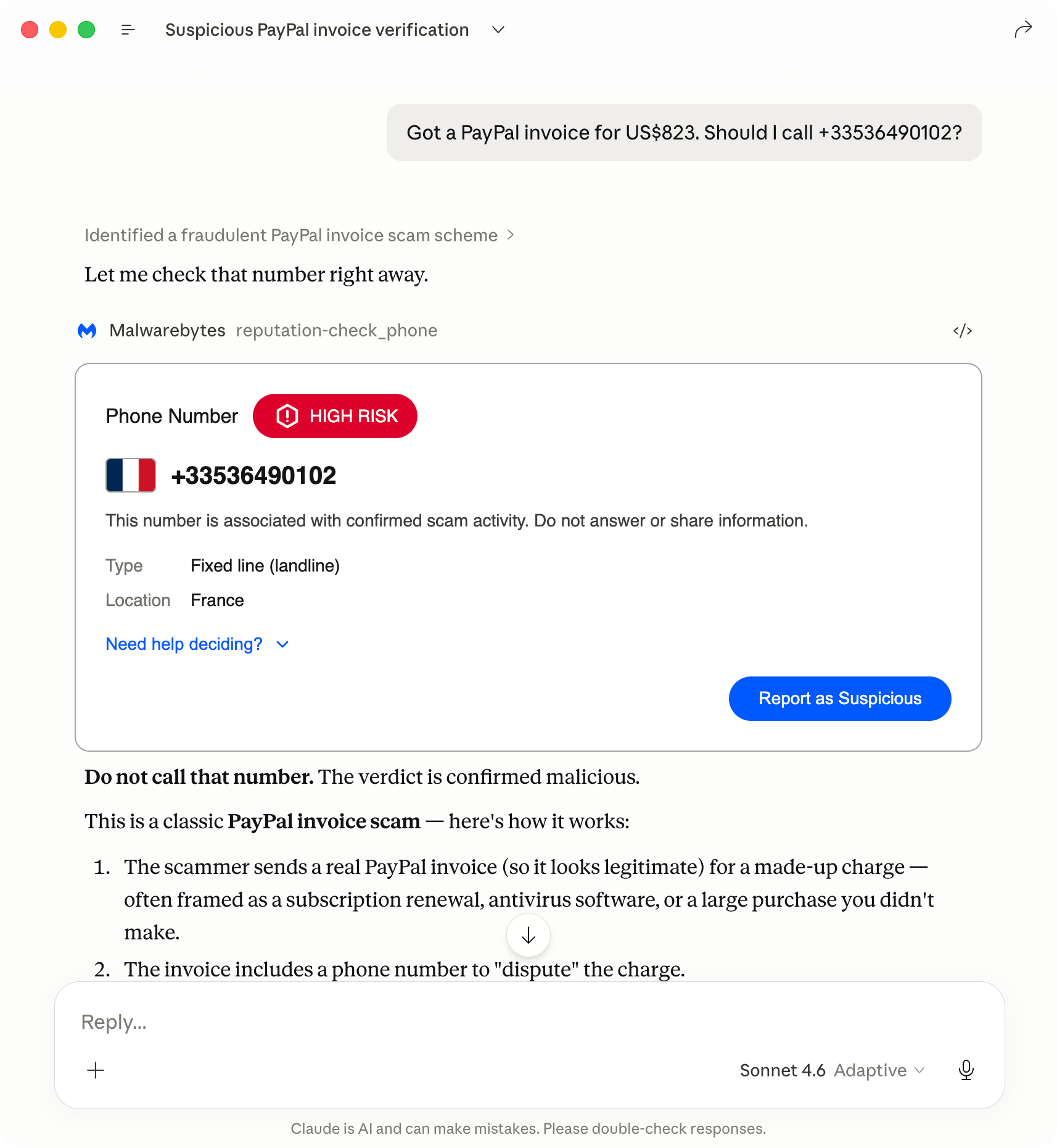 Malwarebytes in Claude paypal scam mobile